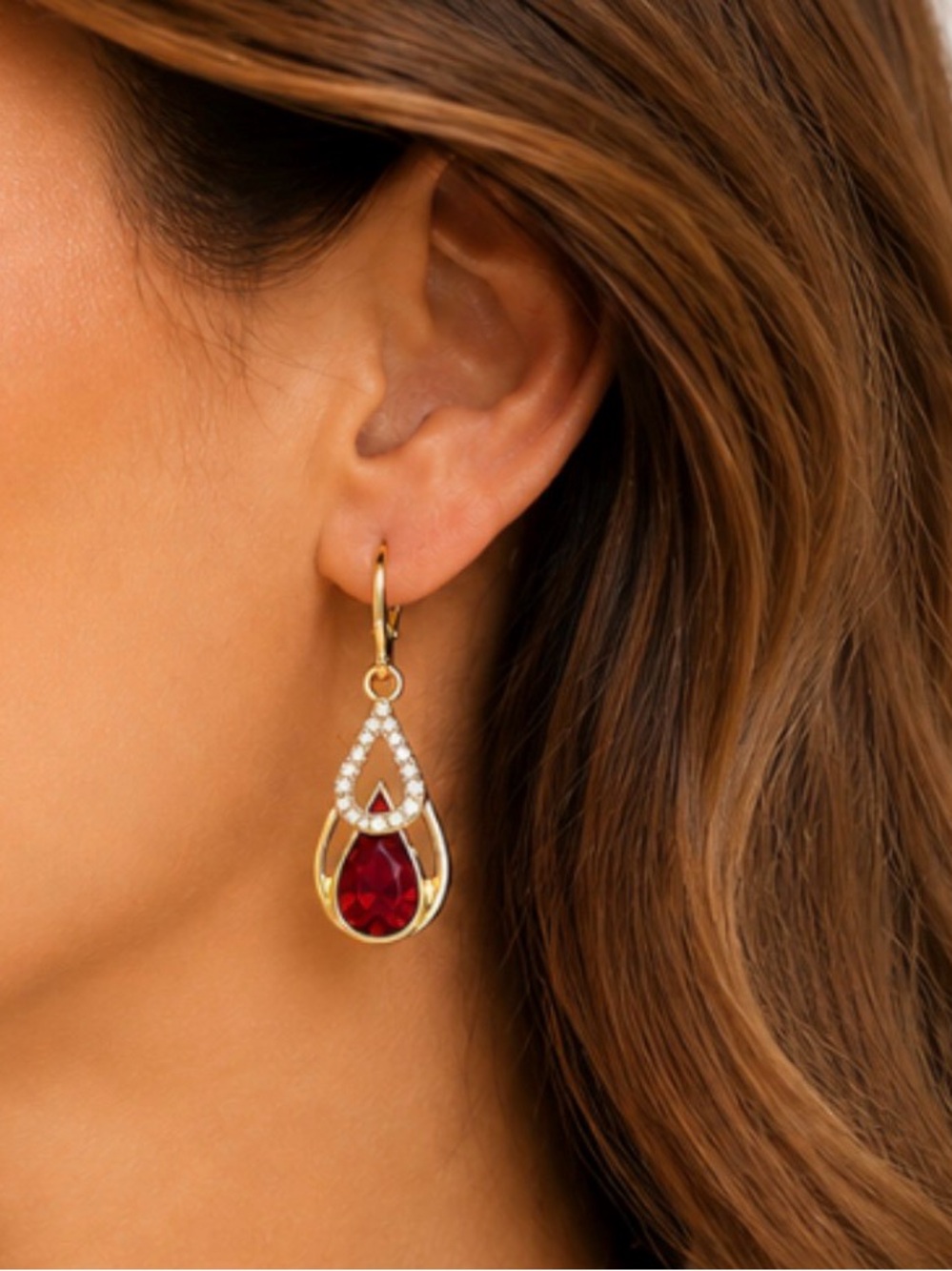 Gold-Tone Teardrop Earrings with Ruby Red Crystal Accent